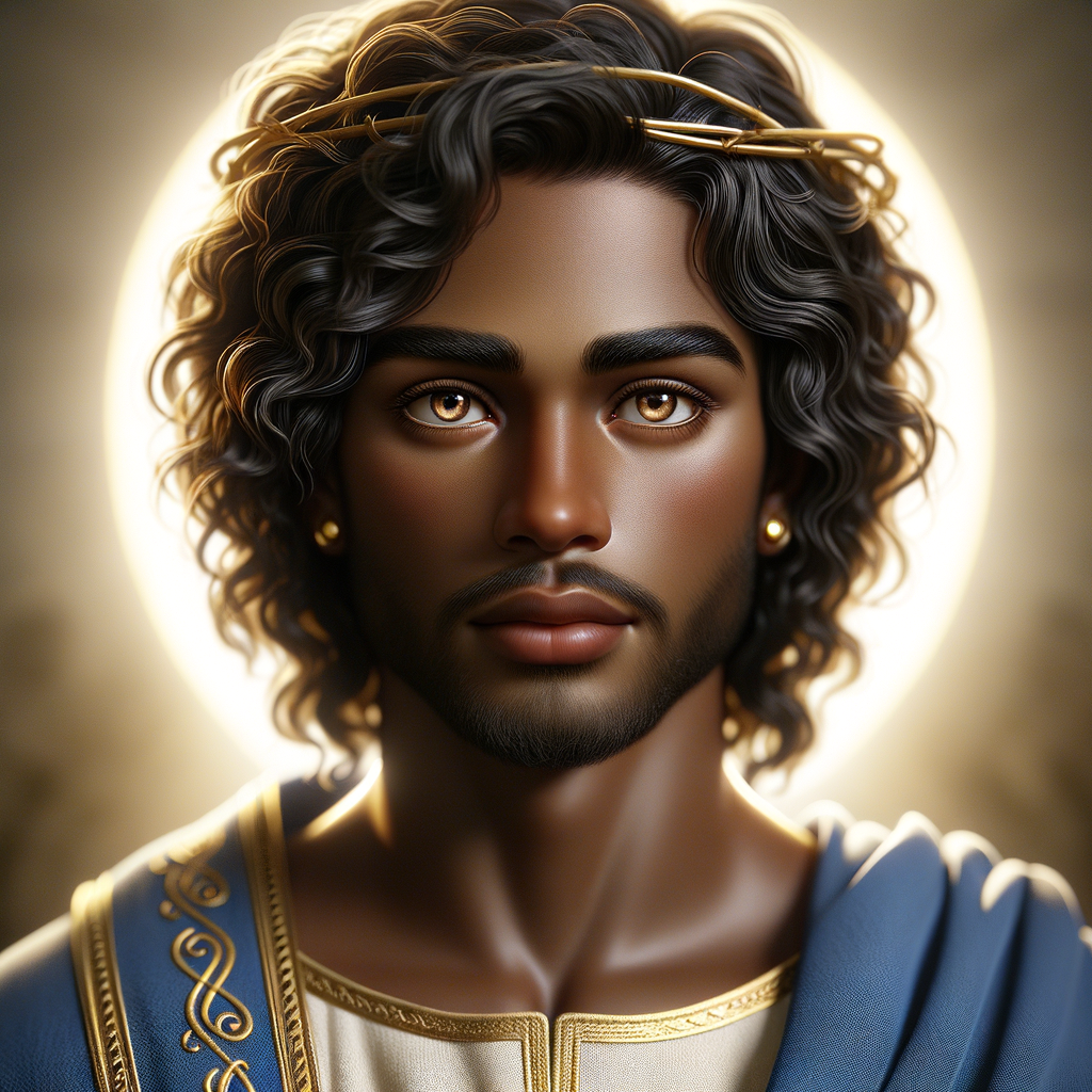 Create a beautiful African-American Jesus Christ with Hazel, brown eyes and blue and gold robe