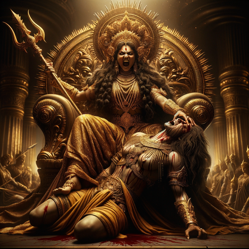 portrait of angry looking goddess durga sitting on a gold crown and carrying a weak mahishasur on her lap and stabbing him with her amazingly designed trident. She is wearing gold armor, a huge gold crown, gold saree, abundant  gold jewelry, covered in blood. The scene is set in ancient India. The image is 8K resolution, cinematic, ultra detailed face and epic.