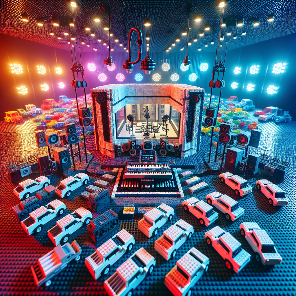 A music studio with a booth a microphone and turntables, a vast multicolor light up room and many cars