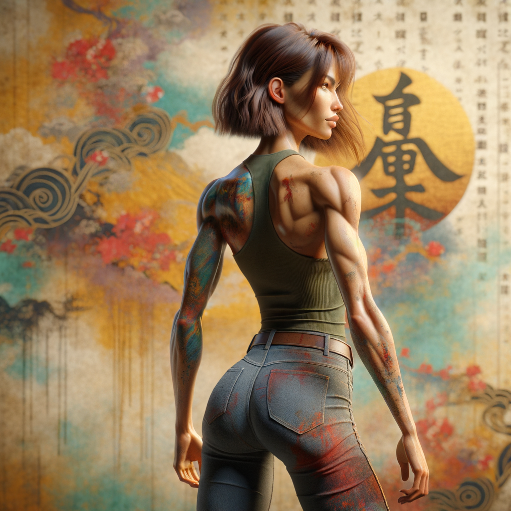 Athletic Thin skinny Attractive, Asian teenage girl, long brown hair and bangs, wearing tight skinny jeans and a halter top paint marks on her clothing, heroic pose Asian graffiti background, backside view