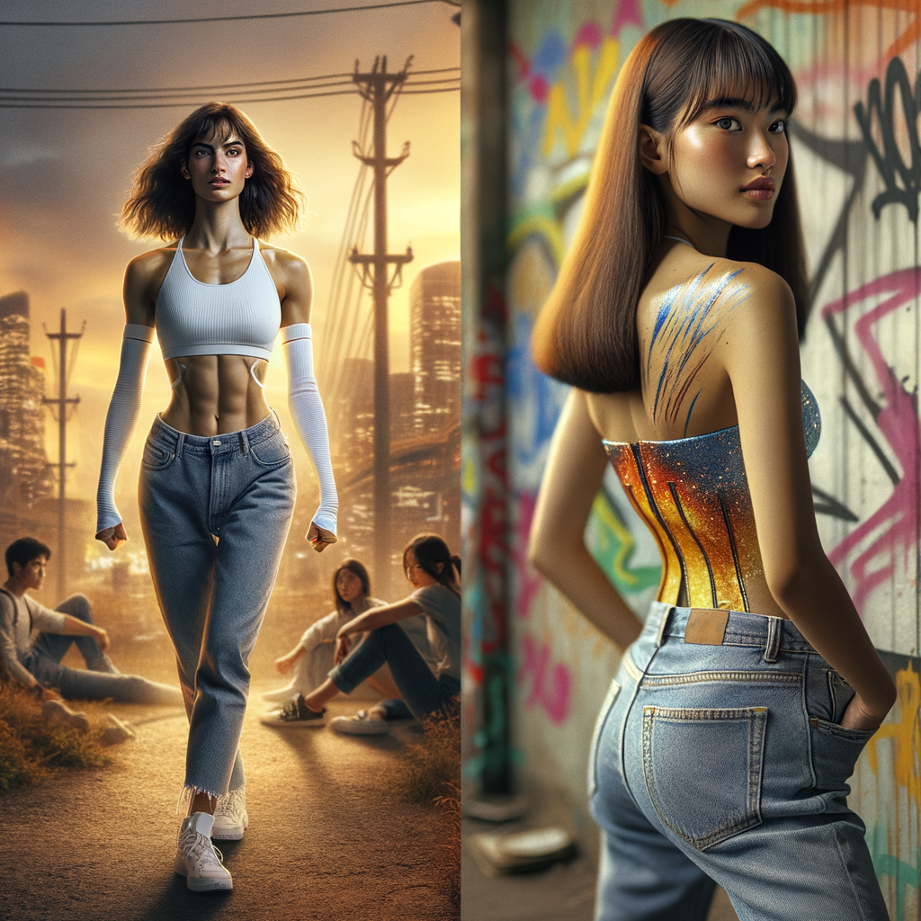 Athletic Thin skinny Attractive, Asian teenage girl, long brown hair and bangs, wearing tight skinny jeans and a halter top paint marks on her clothing, heroic pose Asian graffiti background, backside view