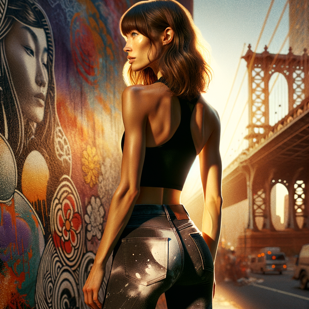 Athletic Thin skinny Attractive, Asian teenage girl, long brown hair and bangs, wearing tight skinny jeans and a halter top paint marks on her clothing, heroic pose Asian graffiti background, backside view