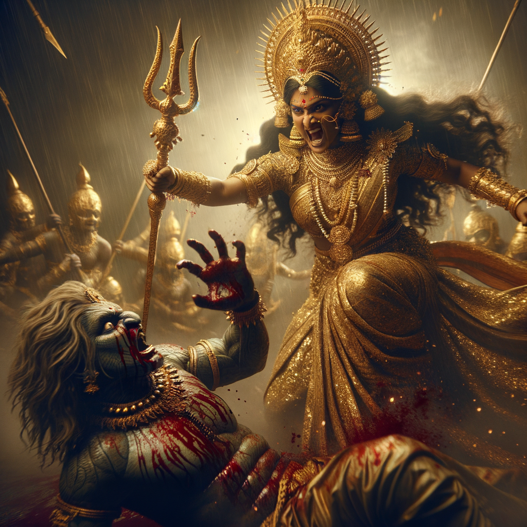 portrait of angry looking, indian goddess lunging at a weak mahishasur with a trident in her hand. She is wearing gold armor, a huge gold crown, gold saree, abundant  gold jewelry, covered in blood. The scene is set in ancient India. The image is 8K resolution, cinematic, photography, ultra detailed face and epic.