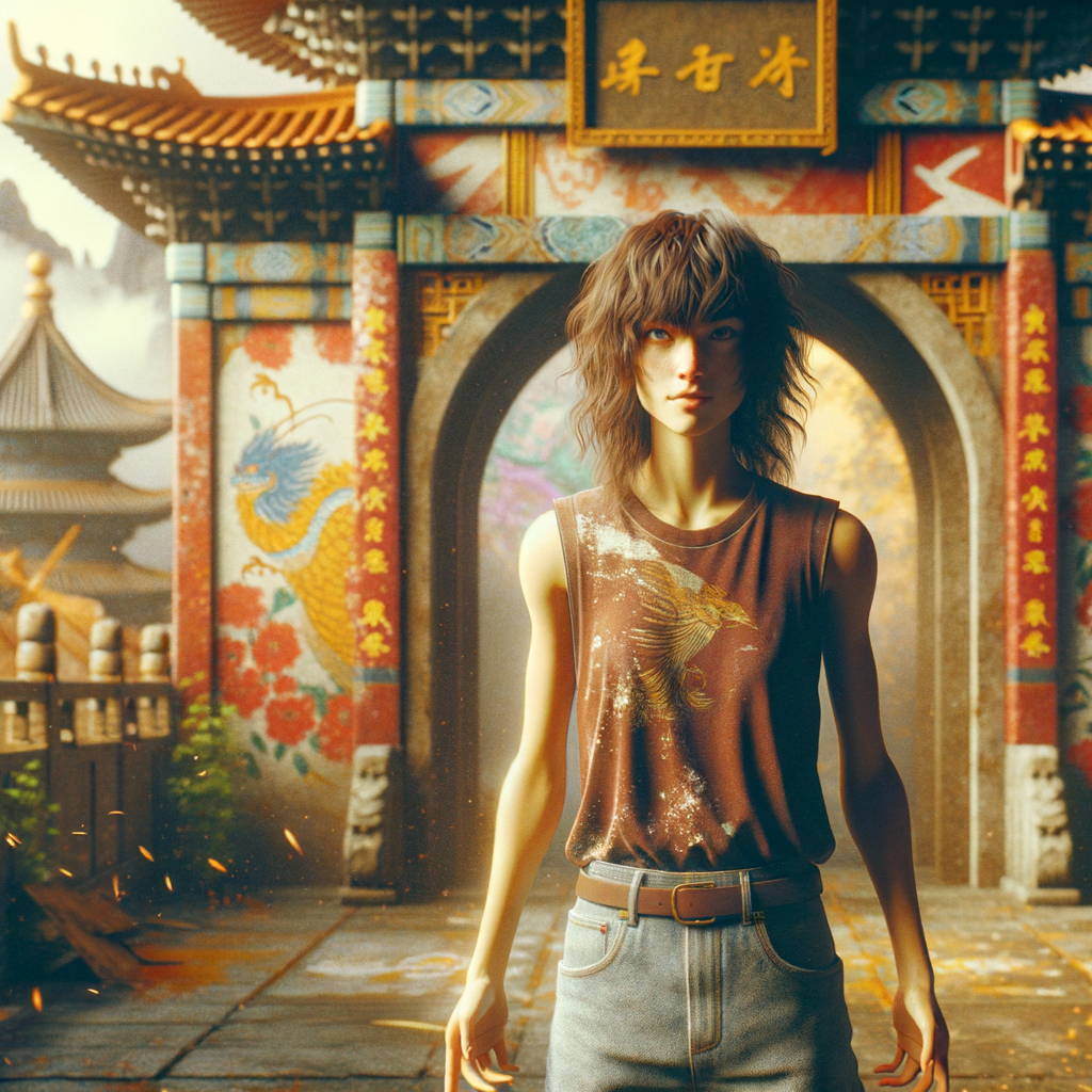 Athletic Thin skinny Attractive, Asian teenage girl, long brown hair and bangs, wearing tight skinny jeans and a halter top paint marks on her clothing, heroic pose Asian graffiti background, backside view