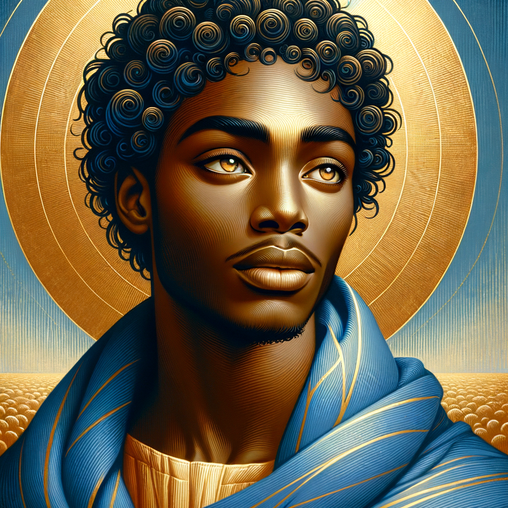 Create a beautiful African-American Jesus Christ with Hazel, brown eyes and blue and gold robe