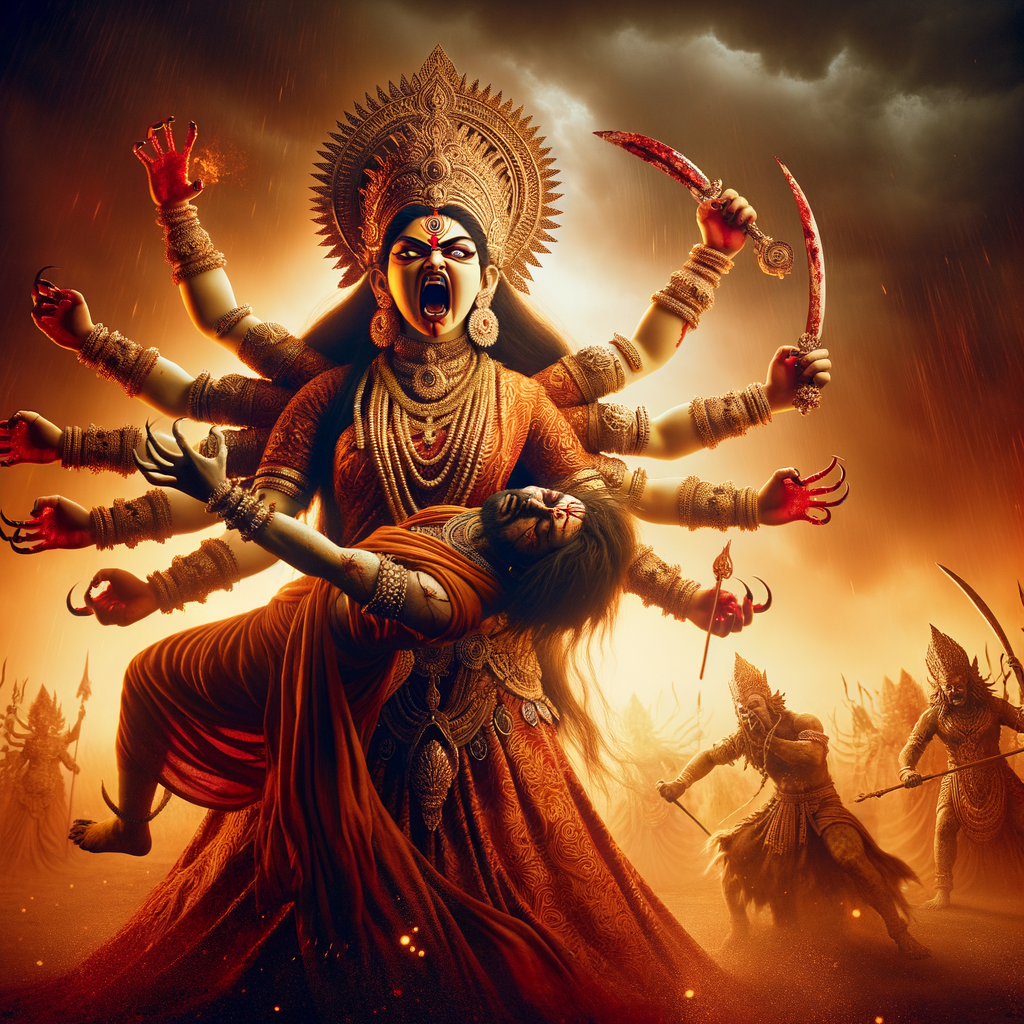 Portrait of angry and gorgeous goddess durga slaying mahishasur by carrying him like a baby and stabbing him with her red long nails.  Goddess Durga should have eight arms. she should wear Gold jewelry all over the body. Mahishasur should have wounds all over his body. mahishasur should be smaller in size compared to Goddess durga. Background is an intense battlefield. reddish hue everywhere and sunset in the background.  Epic scene. 4k, HDR. Photography