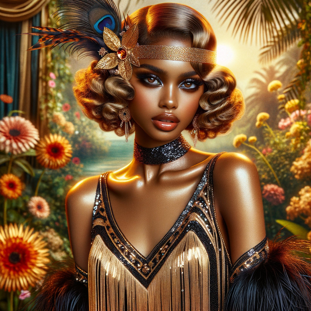 Picture a light-skinned African-American woman with striking Hawaiian features, immersed in the roaring 1920s. She's a dazzling flapper, her lively spirit captured in her attire and poise. She wears a shimmering black and gold flapper dress adorned with sequins and fringe that glisten with her every movement. Around her head, a matching headband sits gracefully, embellished with feathers and a jewel that echoes the opulence of the era. Her hair is styled in perfect finger waves, highlighting her alluring gaze and bold makeup typical of the 1920s—a smoky eye and dark, glossy lips. The background is a kaleidoscope of vibrant tropical flowers, creating a lush and vivacious scene that reflects her Hawaiian roots. Her entire demeanor is one of elegance and jubilance, a true celebration of her heritage and the exuberant era she embodies.