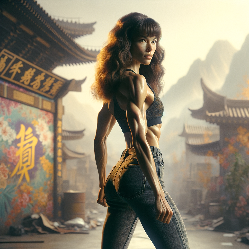 Athletic Thin skinny Attractive, Asian teenage girl, long brown hair and bangs, wearing tight skinny jeans and a halter top paint marks on her clothing, heroic pose Asian graffiti background, backside view