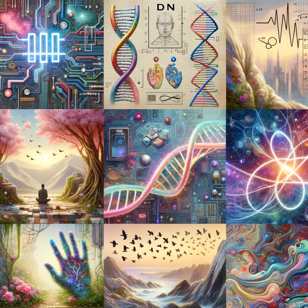 circuitry, diagrams Cellular structures, DNA, circuit boards, colorful wires,  asian and Egyptian  graffiti, lie detector graphs, cardio, printout , branches infinity sign, cave, Art, handprints, distant birds flying, flowering vines, abstract gestural painting, dna