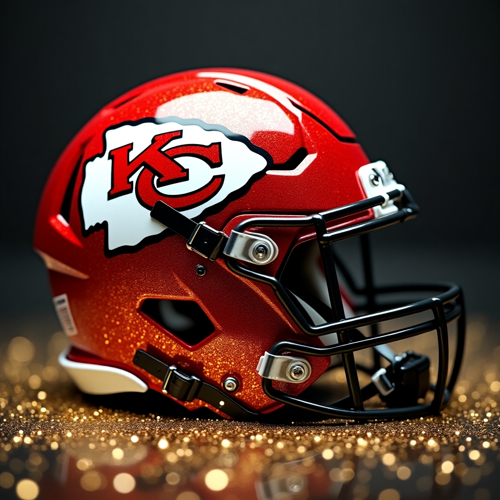 pretty glitter filled black outlined vividly  colored helmet with the Kansas City chiefs  football team logo and colors placed centrally with the team name written in bold graphic font Kansas City chiefs  the back  ground is smokey and gold