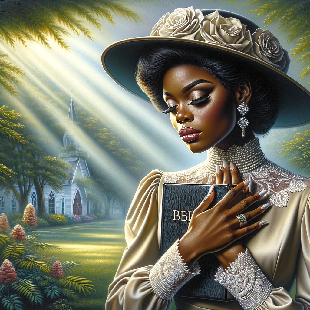 Render an airbrush oil painting of an African American woman with flawless makeup in a
contemplative pose, holding a Bible close to her heart, dressed in an elegant Sunday Best
outfit with a distinctive Church Hat. The background features a peaceful church garden,
with light filtering through the trees, highlighting her spiritual connection and the personal
moment of reflection. The artwork should capture the tranquility of the scene, the beauty
of her attire, and the depth of her contemplation, reflecting a serene and spiritually