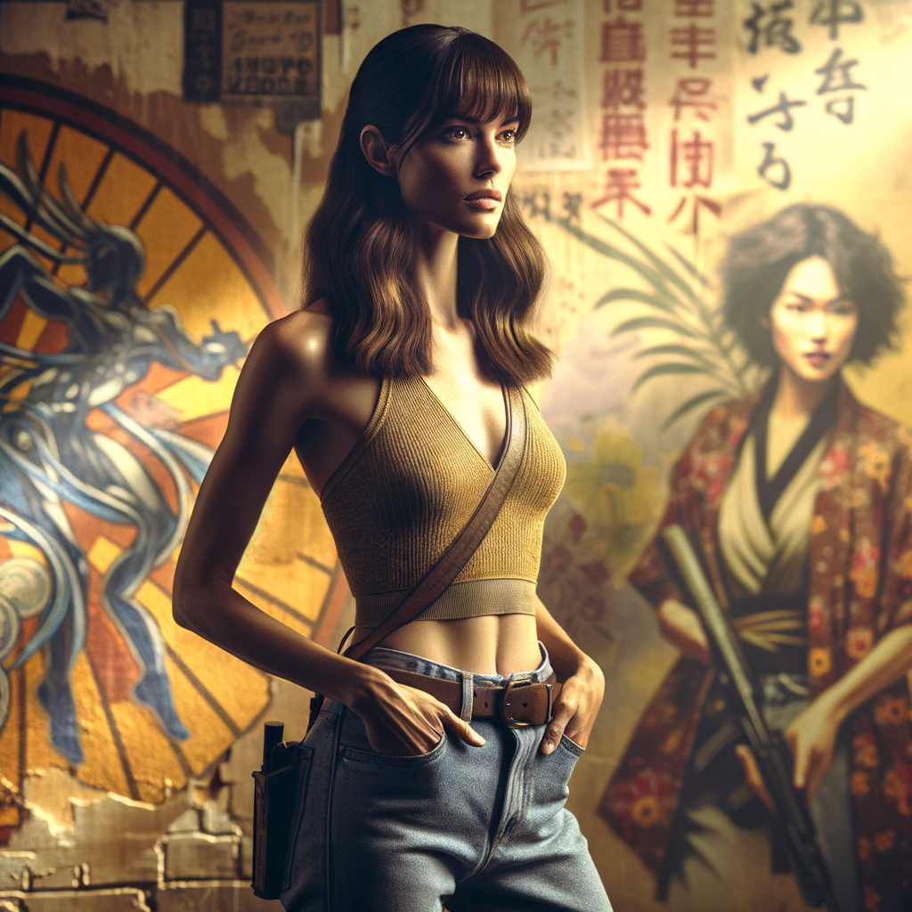 Athletic Thin skinny Attractive, Asian teenage girl, long brown hair and bangs, wearing tight skinny jeans and a halter top paint marks on her clothing, heroic pose Asian graffiti background, backside view