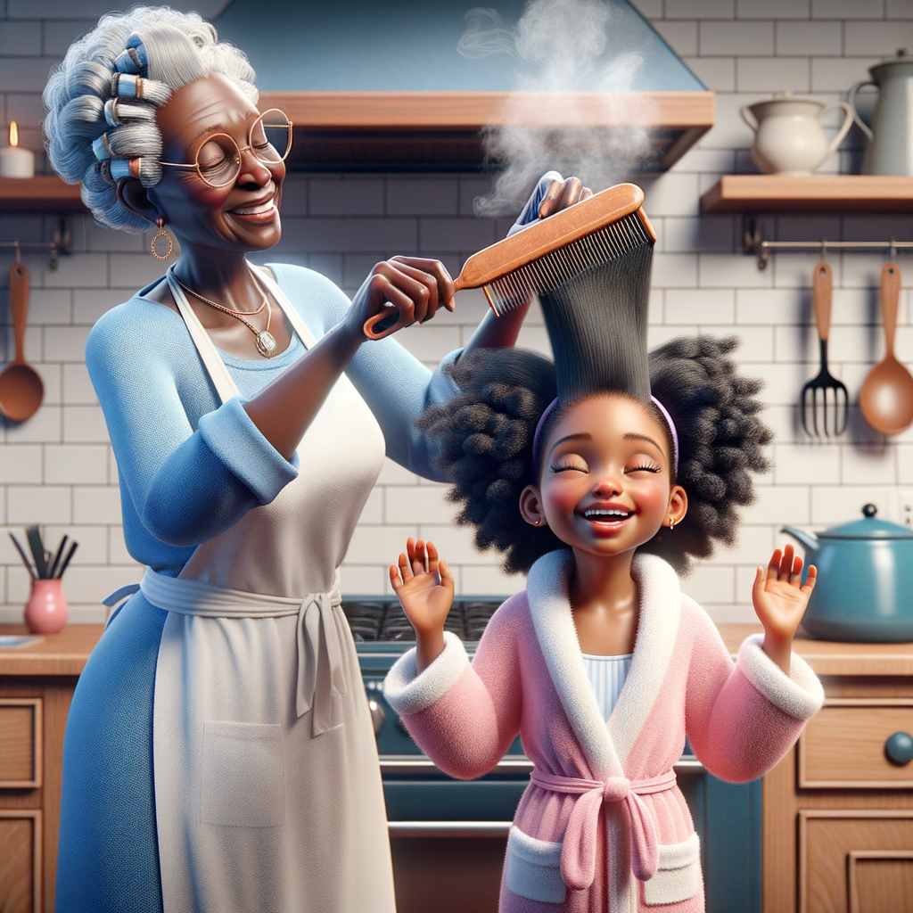 Create a realistic 3-D image of an african-American grandmother wearing a blue house dress and a white apron . She is in the kitchen with her african-American granddaughter. Her granddaughter is wearing a pink bath robe. The grandmother has a hot comb in her hand and she is straightening her granddaughters hair. One side of her granddaughters hair is in  a Afro the other straight 
There is smoke coming from the hot comb
The granddaughter is making a face