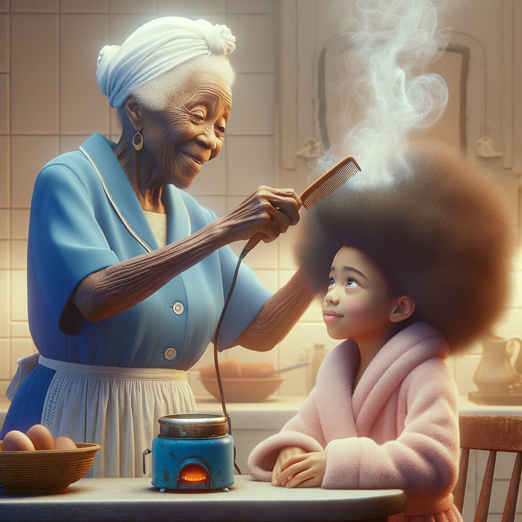 Create a realistic 3-D image of an african-American grandmother wearing a blue house dress and a white apron . She is in the kitchen with her african-American granddaughter. Her granddaughter is wearing a pink bath robe. The grandmother has a hot comb in her hand and she is straightening her granddaughters hair. One side of her granddaughters hair is in  a Afro the other straight 
There is smoke coming from the hot comb
The granddaughter is making a face