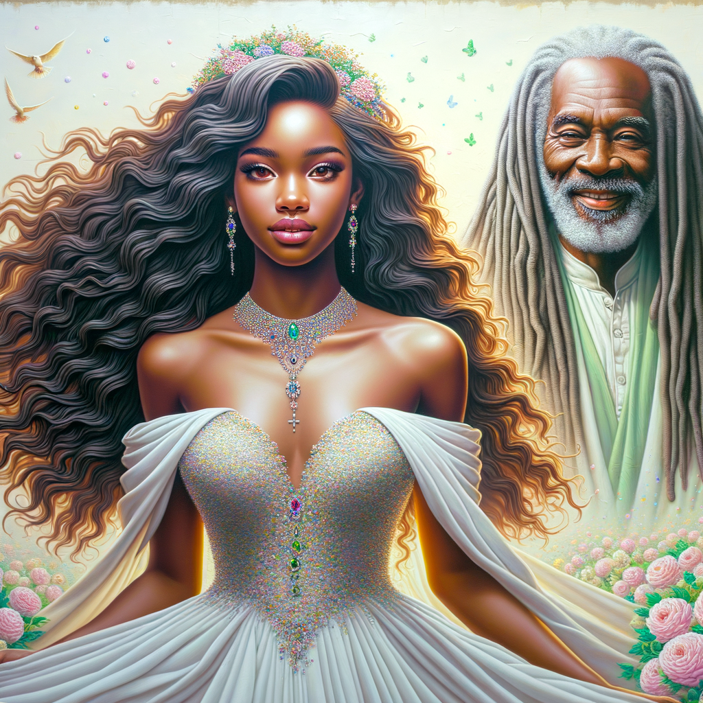 Create a 3-D realistic oil, painting of a beautiful African-American bride. She has long flooring, wavy hair and her gown has beautiful jewels around the neckline. in the background there is a beautiful African-American Jesus Christ with long dreadlocks, and he is smiling. He is very handsome pastel flowers throughout the image.