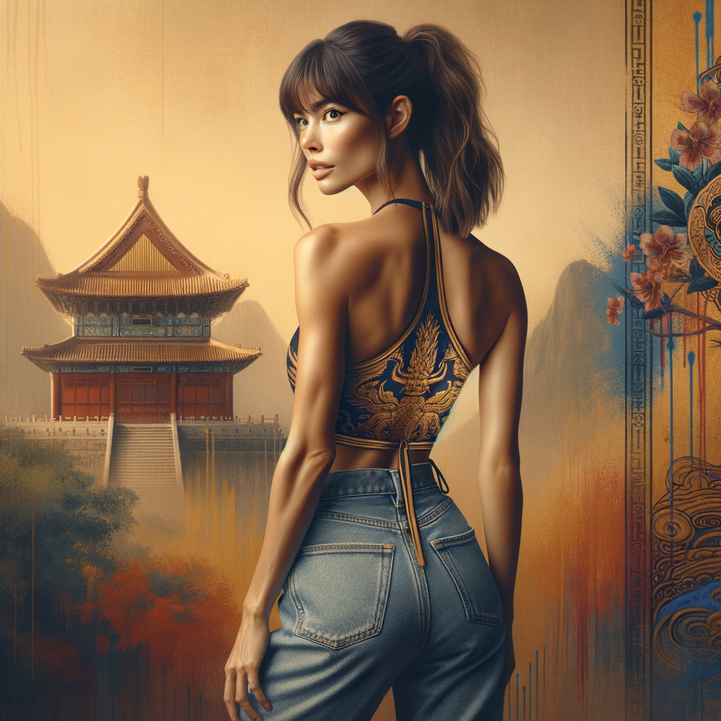 Athletic Thin skinny Attractive, Asian teenage girl, long brown hair and bangs, wearing tight skinny jeans and a halter top paint marks on her clothing, heroic pose Asian graffiti background, backside view