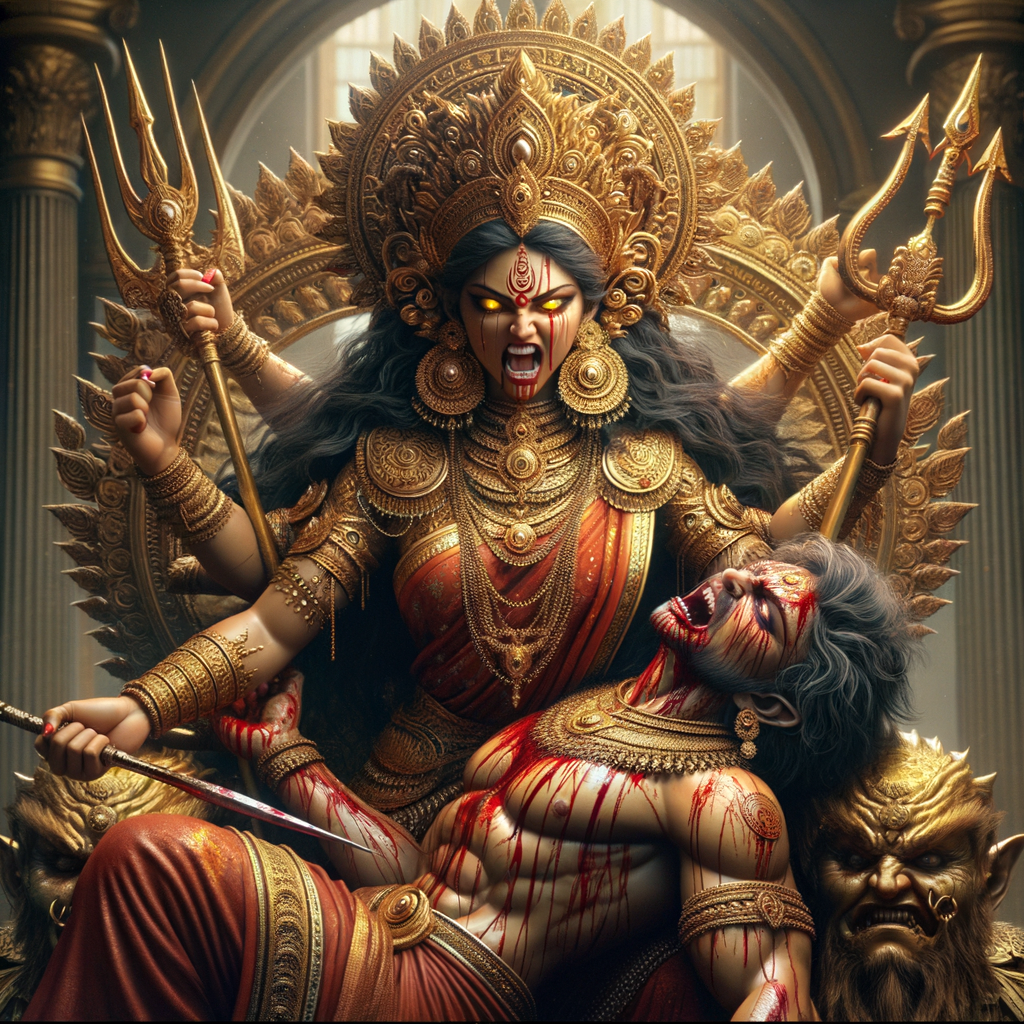 portrait of angry looking goddess durga, sitting on a gold crown and carrying a weak mahishasur on her lap and stabbing him with her amazingly designed trident. She is wearing gold armor, a huge gold crown, red saree, abundant gold jewelry, covered in blood. The scene is set in ancient India. The image is 8K resolution, cinematic, ultra detailed face and epic.