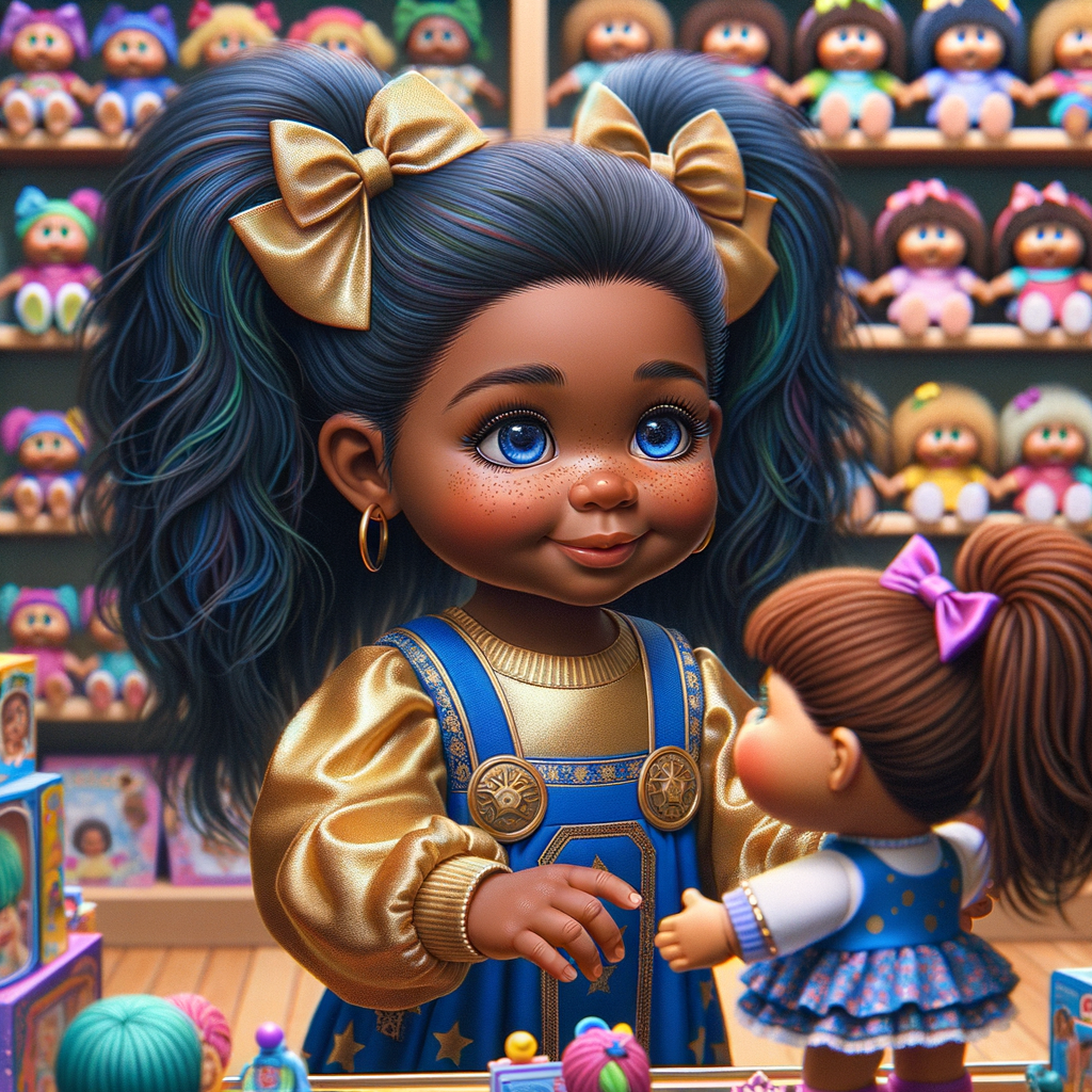 Create a 3-D image of an african-American little girl inside of a medium size, toy store. The little girl has thick long, ponytails and huge blue eyes. She has on a gold and blue jumpsuit with matching bows, She is playing with her favorite african-American cabbage patch doll, the doll has deep, dimples, and freckles and looks just like her