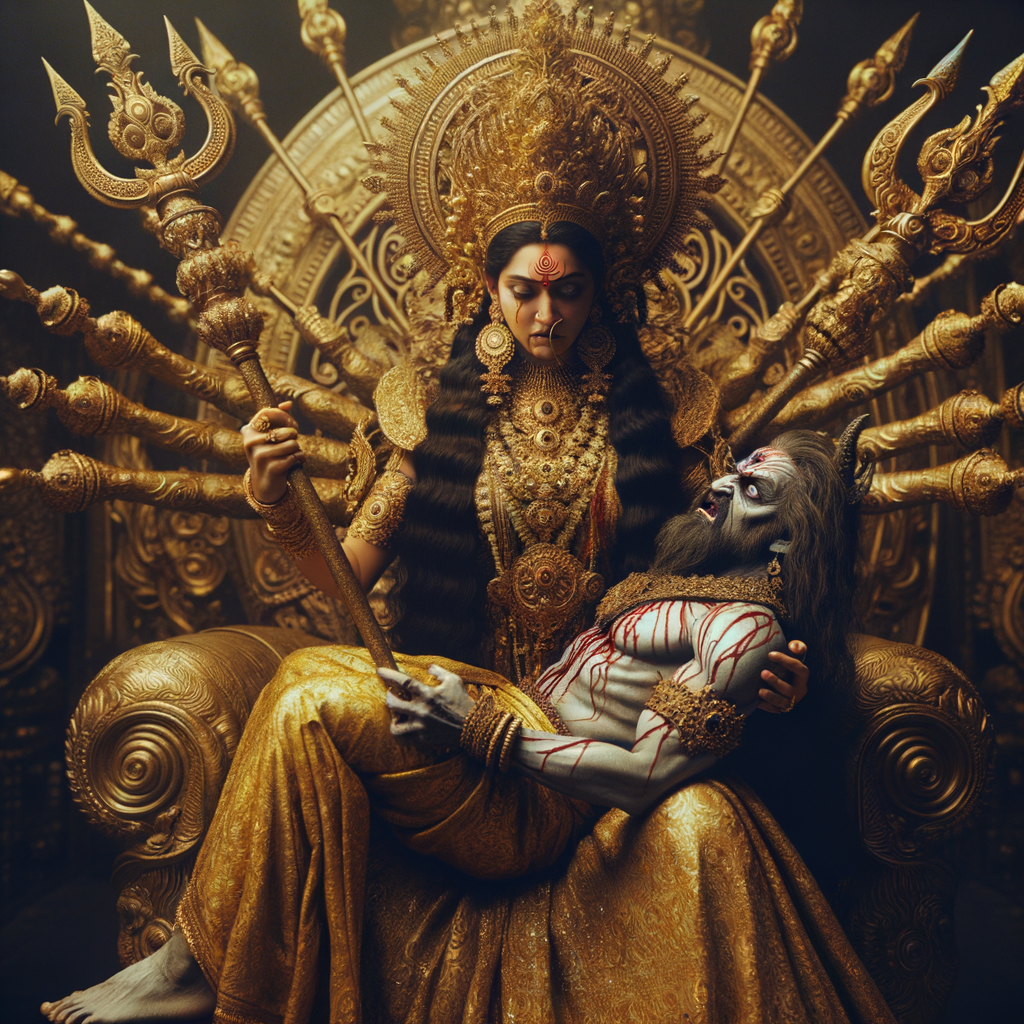 photograph of angry looking goddess durga sitting on a gold crown and carrying a weak mahishasur on her lap and stabbing him with her amazingly designed trident. She is wearing gold armor, a huge gold crown, gold saree, abundant  gold jewelry, covered in blood. The scene is set in ancient India. The image is 8K resolution, cinematic, ultra detailed face and epic.