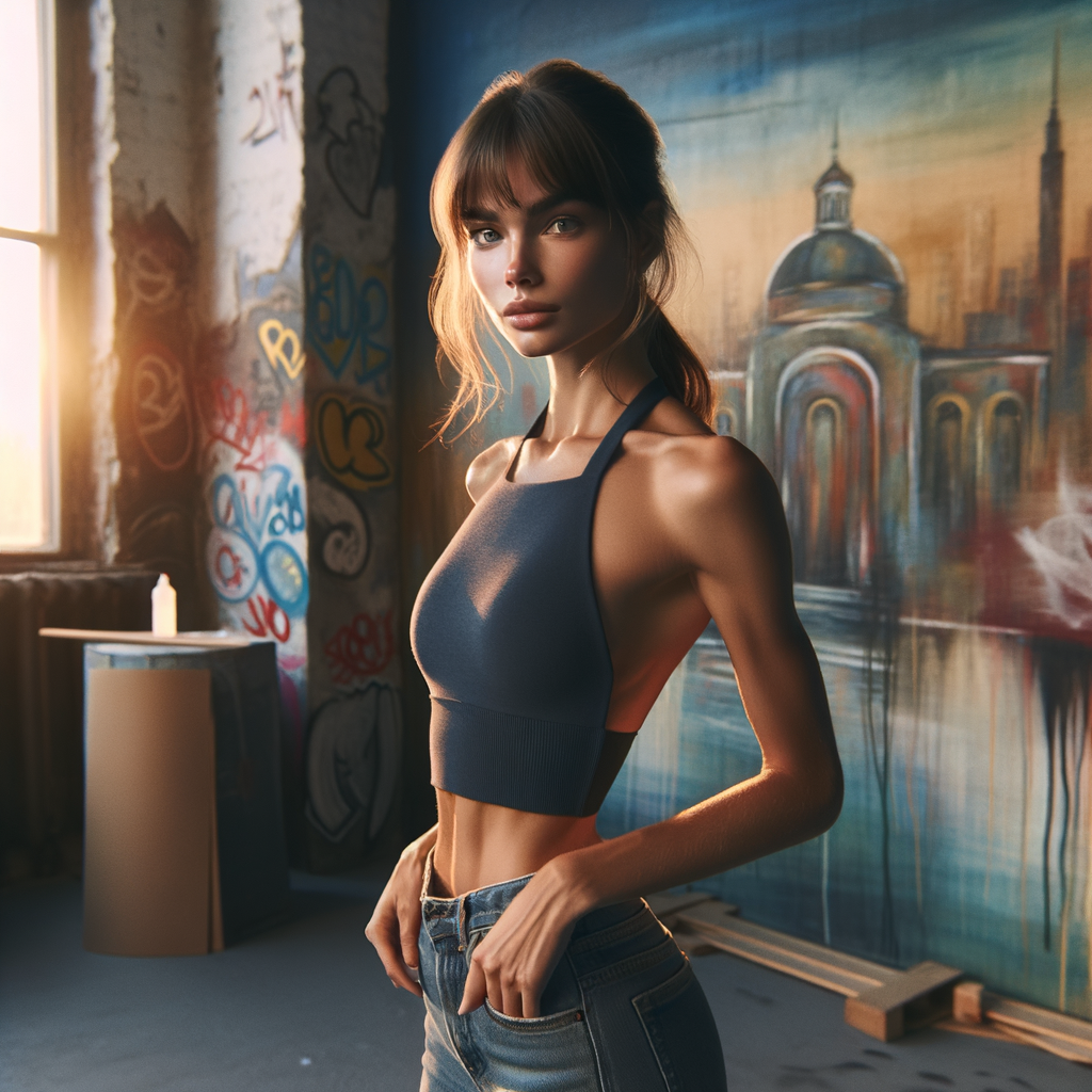 Athletic Thin skinny Attractive, Asian teenage girl, long brown hair and bangs, wearing tight skinny jeans and a halter top paint marks on her clothing, heroic pose Asian graffiti background, side view