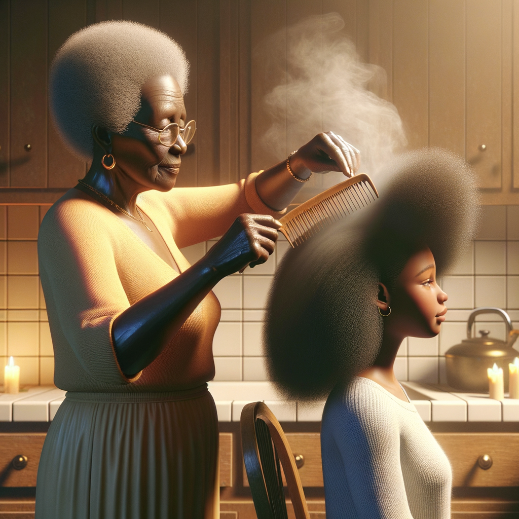 Create a realistic 3-D image of an african-American grandmother in the kitchen with her african-American granddaughter. The grandmother has a hot comb in her hair and she is straightening her granddaughters hair. One side of her granddaughters hair is in  a Afro the other is bone straight 
There is smoke coming from the hot comb