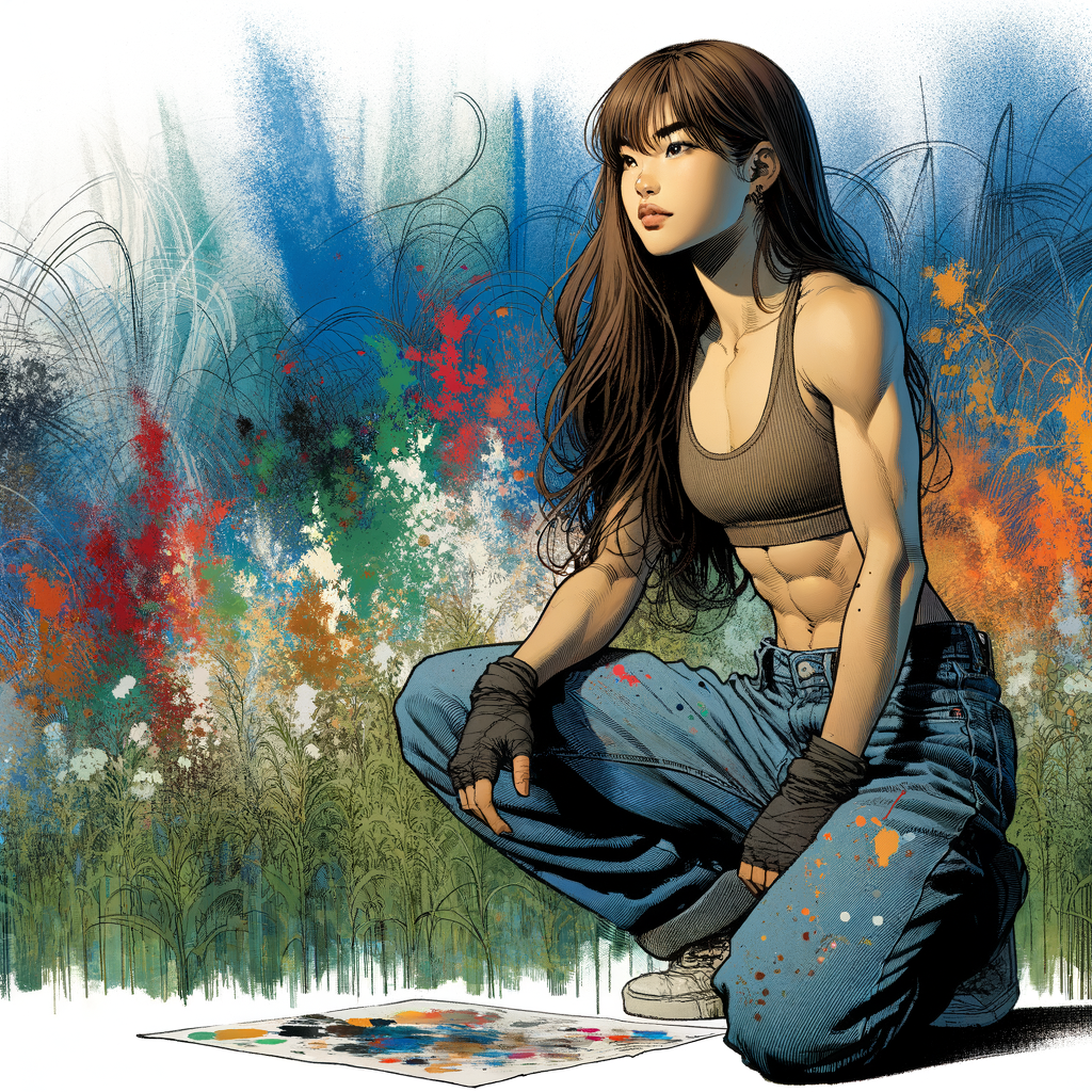 Very thin Athletic Thin skinny Attractive, Asian teenage girl, long brown hair and bangs, wearing tight skinny jeans and a halter top paint marks on her clothing, sitting side view heroic pose Asian graffiti