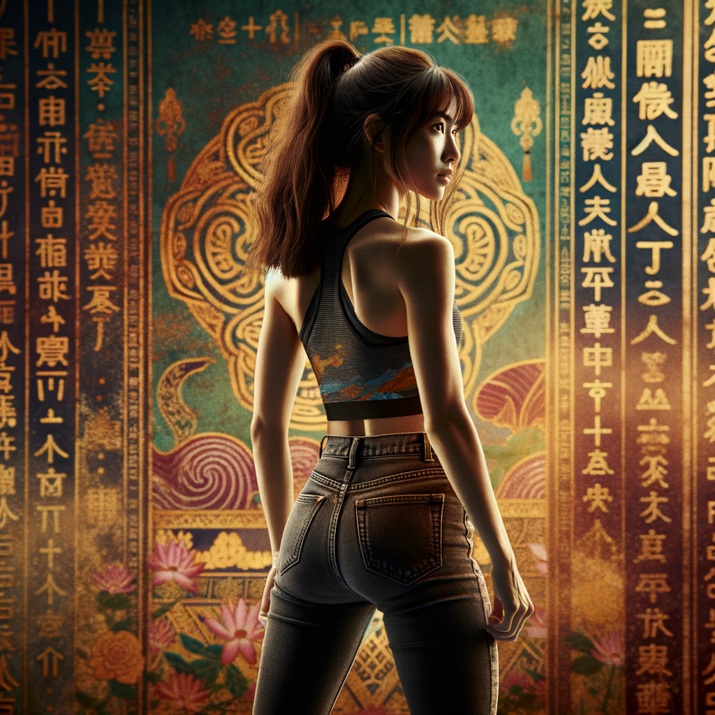 Athletic Thin skinny Attractive, Asian teenage girl, long brown hair and bangs, wearing tight skinny jeans and a halter top paint marks on her clothing, heroic pose Asian graffiti background, backside view