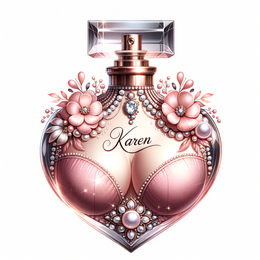 Design a fancy pink perfume bottle in the shape of a woman’s body with flowers, Pearls and diamonds and the name Karen