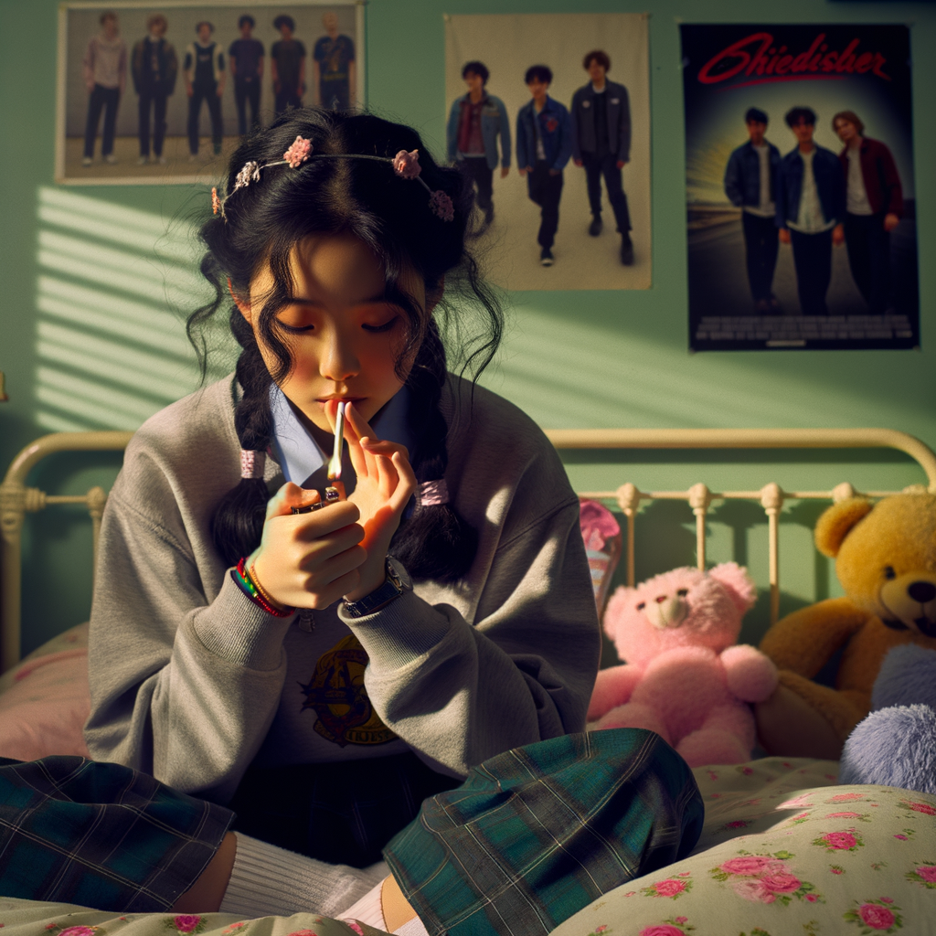 Schoolgirl smoking a cigarette in her room.