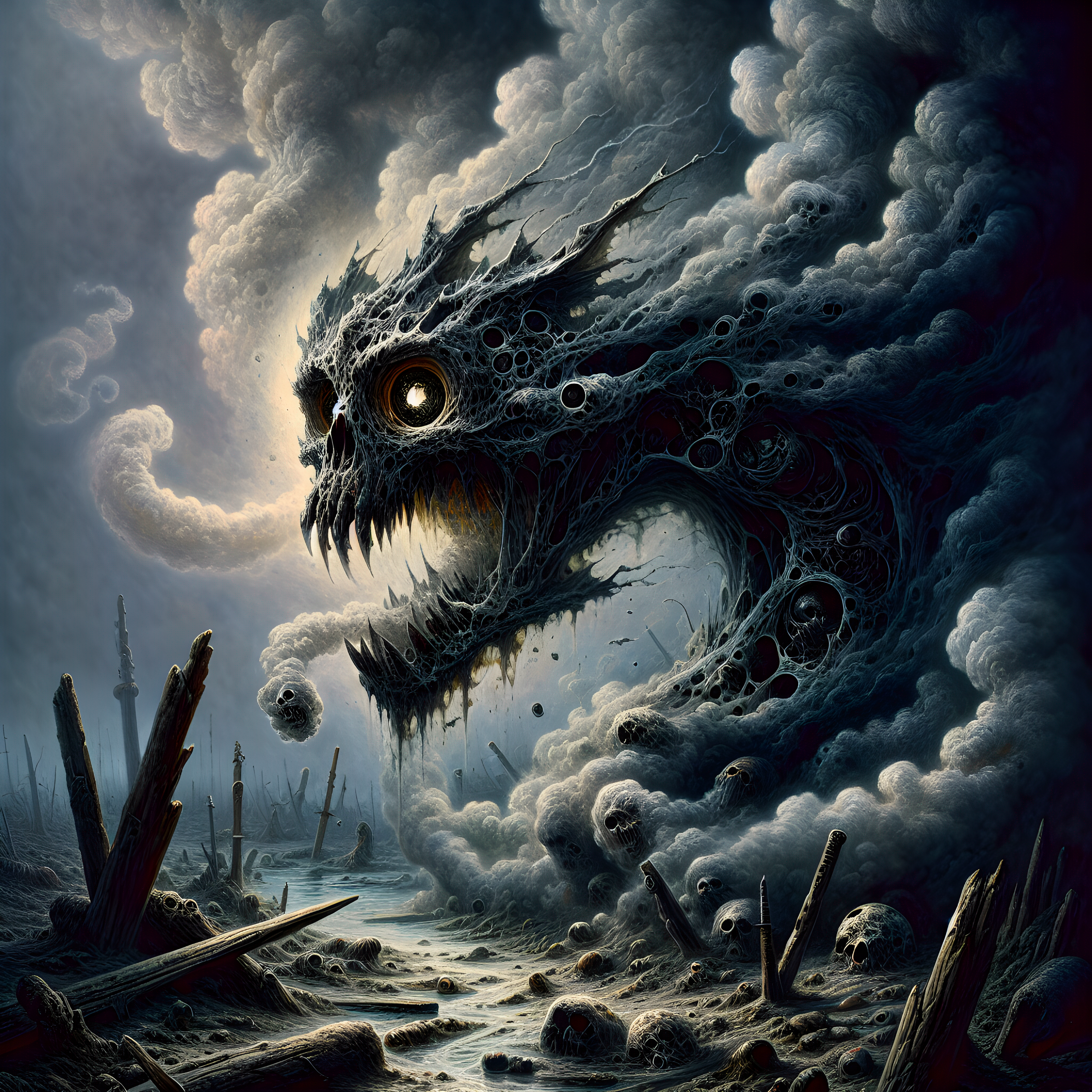 "Illustrate an eerie, sinister Dragon emerging from a swirling mass of toxic fumes. The Dragon's form is barely solid, its features constantly shifting and reforming within the dense, suffocating smoke. Its face, distorted and grotesque, peers out from the fumes with hollow, empty eyes that glimmer with malevolent intent. The mouth, filled with jagged, smoke-formed teeth, stretches into a macabre grin that seems to float and twist in the toxic haze.

The rest of the Dragon's body is an ethereal blend of noxious gases, with appendages elongating and curling like tendrils of poisonous vapor. Around it, the environment is bleak and barren, with twisted remnants of dead vegetation and decrepit, rusted swords half-buried in the ground. The air is thick and acrid, giving off an unsettling, chemical glow that casts eerie shadows.

Stray tendrils of fume slither across the ground, reaching out like ghostly fingers toward any living thing that comes near. The overall color palette should be muted and dark, with sickly blues, crimson, and blacks dominating the scene, to enhance the toxic and foreboding atmosphere. 

This visual blend of smoke and sinister Dragon should elicit a sense of dread and unease, making it both fascinating and horrifying."