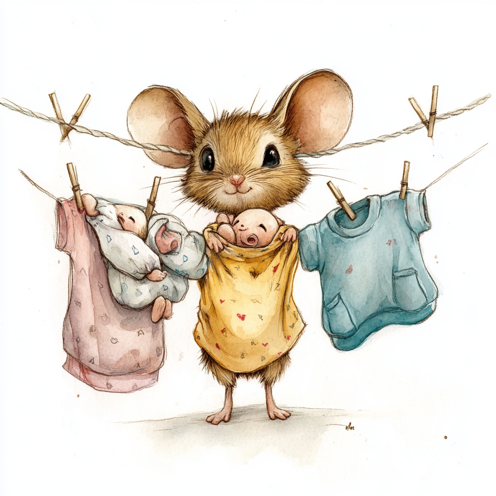 Cute mouse with expressive eyes, hanging laundry on a line which has lots of baby clothing hanging off it on clothing pins. She is adorable and has 2 little baby mice hanging from the line wrapped in blankets. Style is watercolor, with pencil outlines.