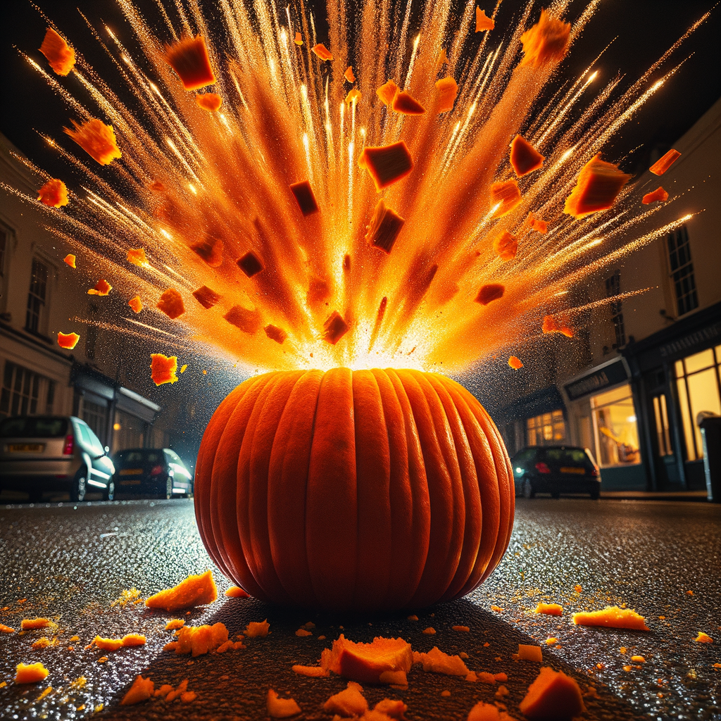 A pumpkin exploding in the street with orange fireworks coming out of it