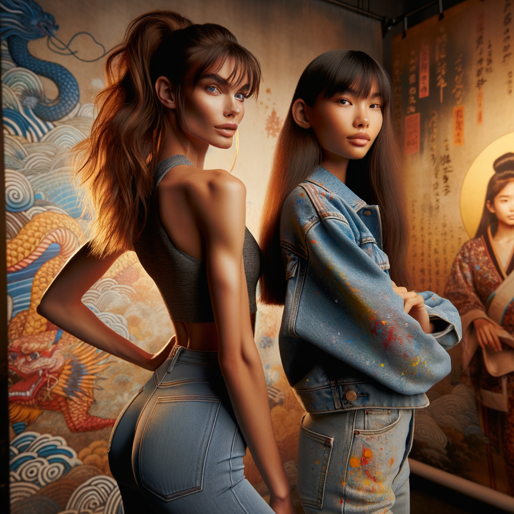 Athletic Thin skinny Attractive, Asian teenage girl, long brown hair and bangs, wearing tight skinny jeans and a halter top paint marks on her clothing, heroic pose Asian graffiti background, backside view