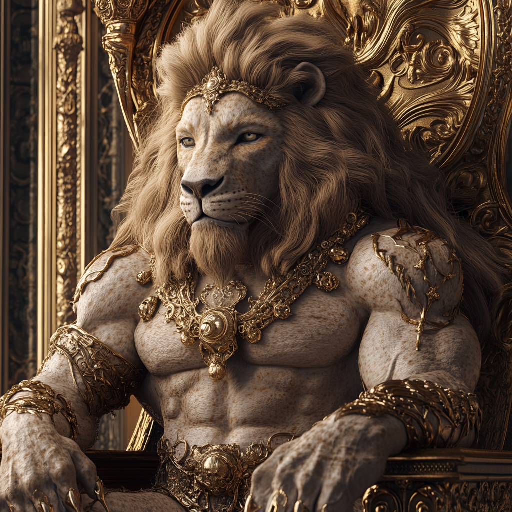 Create a photorealistic 3D image of a majestic man-lion hybrid, featuring an expansive mane and exceptionally well-defined, oversized muscles. Adorn this regal creature with intricate jewelry and gold embellishments, and depict it seated on a throne. Aim for 8K UHD resolution, extreme professional detail, and a composition that is both visually stunning and captivating.