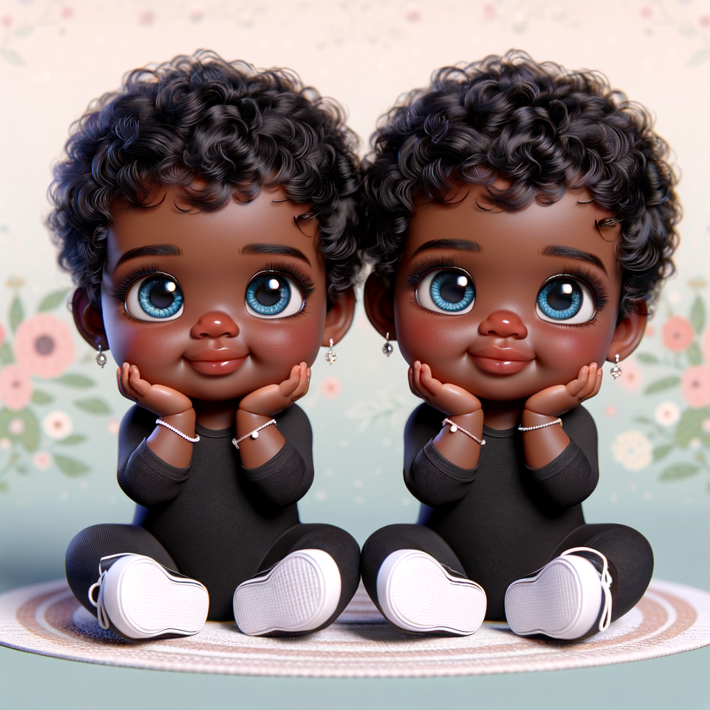 Imagine a pair of adorable, 3D animated african-American, infant twins with radiant blue eyes and curly black hair, posed with their chubby cheeks resting in their hands. They're dressed in simple yet stylish black onesies. Delicate jewelry adorns their wrists. They're seated comfortably with white sneakers on their feet. The background is a soft pastel floral pattern, creating an atmosphere of innocence and charm, without any text present in the image.