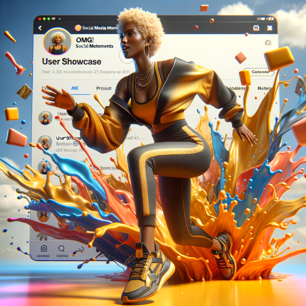 Create a 3D illustration of a realistic light skinned African-American woman playing on her knees, FAITHBOOK social media with a splash colours water effect. She is wearing a gold and black jumpsuit and gold and black Nike gym shoes. The background is a FACEBOOK Oh my gosh social media profile with a user name “KAREN SHOWELL” and profile picture of him and a beautiful sky profile cover.