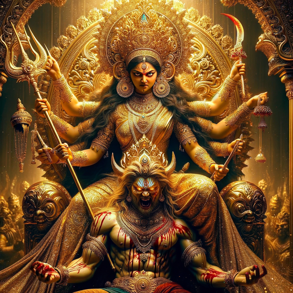 portrait of angry looking goddess durga sitting on a gold crown and carrying a weak mahishasur on her lap and stabbing him with her amazingly designed trident. She is wearing gold armor, a huge gold crown, gold saree, abundant  gold jewelry, covered in blood. The scene is set in ancient India. The image is 8K resolution, cinematic, ultra detailed face and epic.