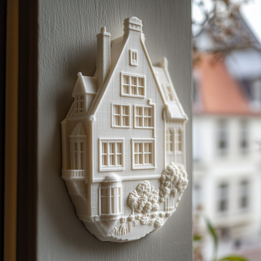 3D printed scale model of a house being displayed as art on a wall