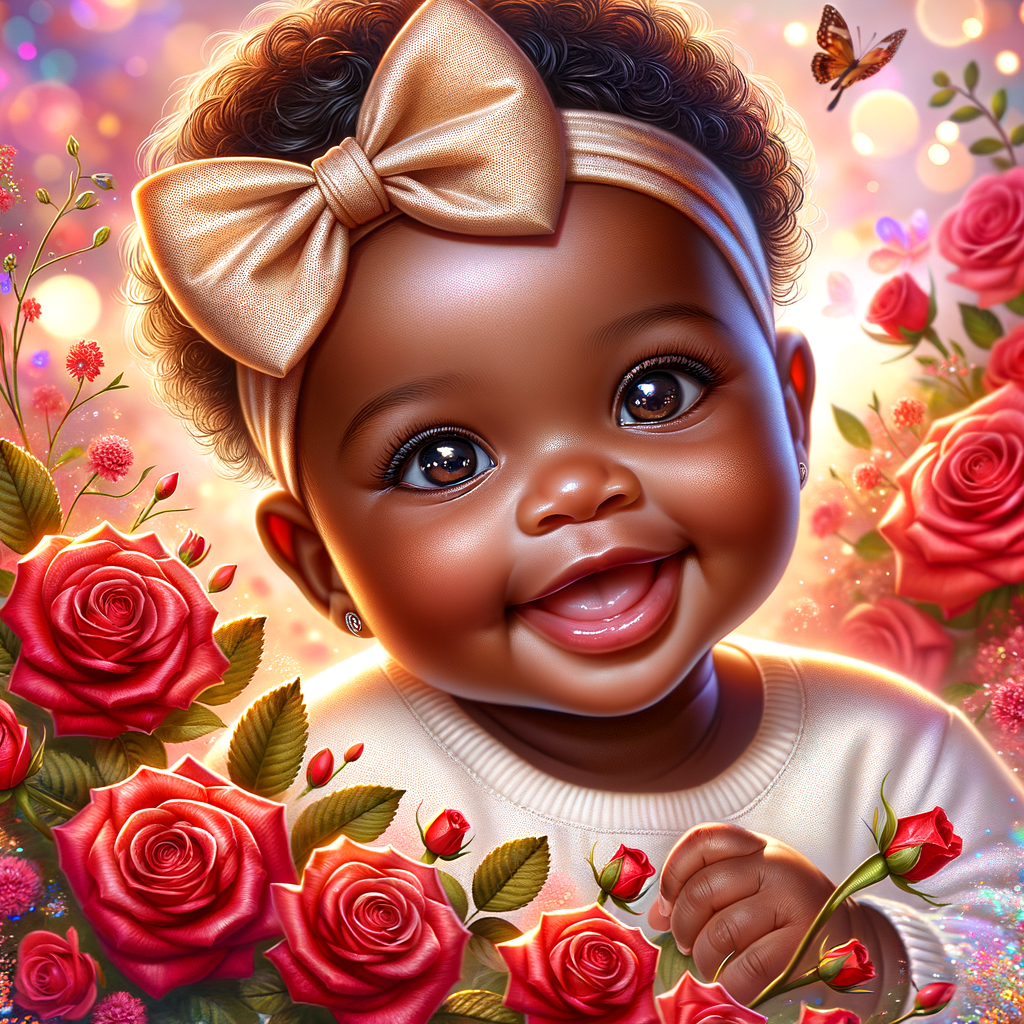 Create a vibrant and joyful image featuring an Light skin, African-American adorable baby with a captivating smile and sparkling eyes, exuding happiness and innocence. The baby wears a delicate headband with a graceful bow, suggesting a touch of elegance. Surrounding the baby are rich, red roses in full bloom, symbolizing love and beauty. The image radiates positivity and warmth, further enhanced by an overlay of magical sparkles and a message that reads "Have A Great Day" in cheerful, bold font. This composition should feel like a heartwarming greeting, perfect for spreading cheer and good wishes.