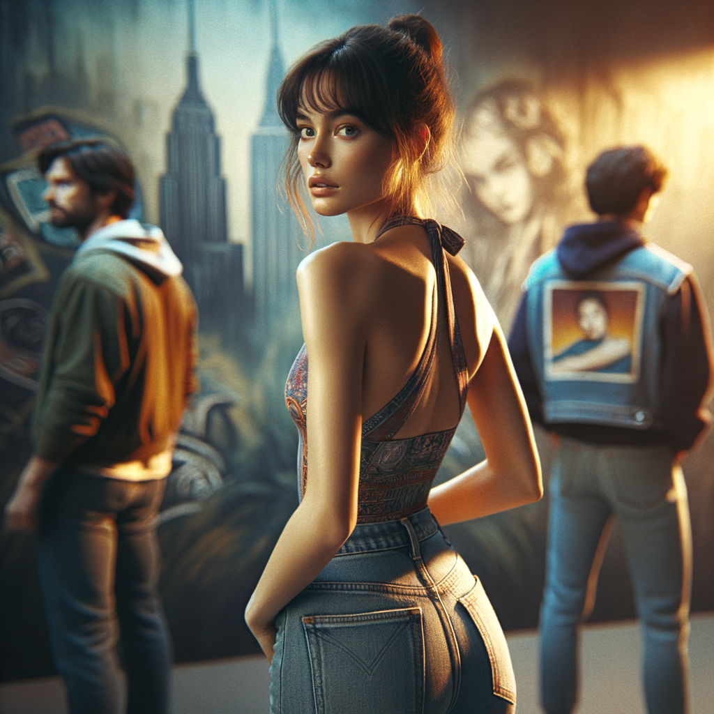 Athletic Thin skinny Attractive, Asian teenage girl, long brown hair and bangs, wearing tight skinny jeans and a halter top paint marks on her clothing, heroic pose Asian graffiti background, backside view