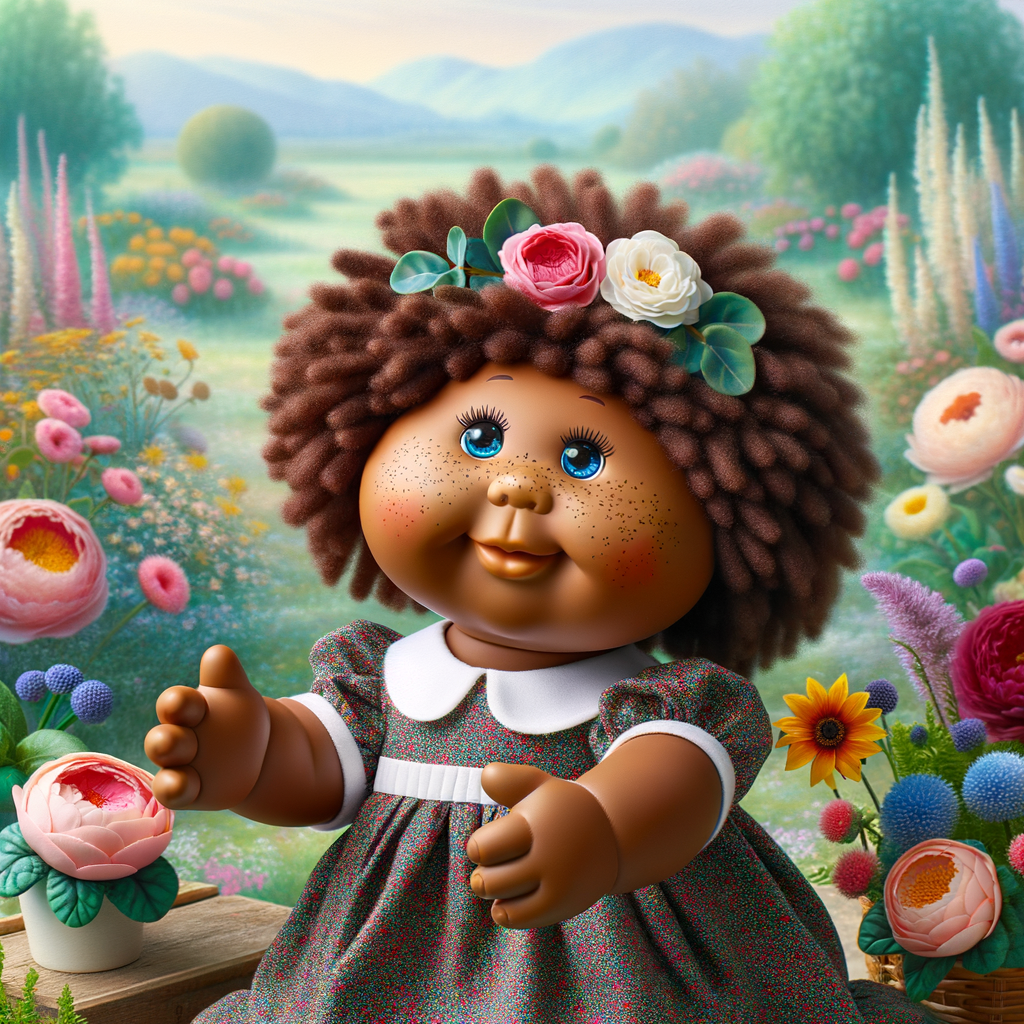 African-American cabbage patch doll with huge dimples, and freckles and flowers in the background