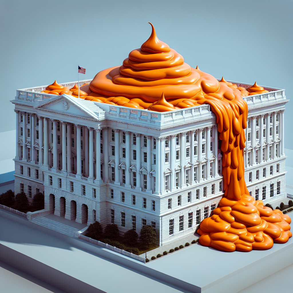 Create a hyper-realistic detailed image of the White House, incorporating a large, exaggerated orange pile of pudding positioned on the roof and dripping down the sides.