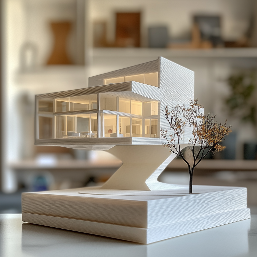 3D printed scale model of a modern house being displayed as art on a wall