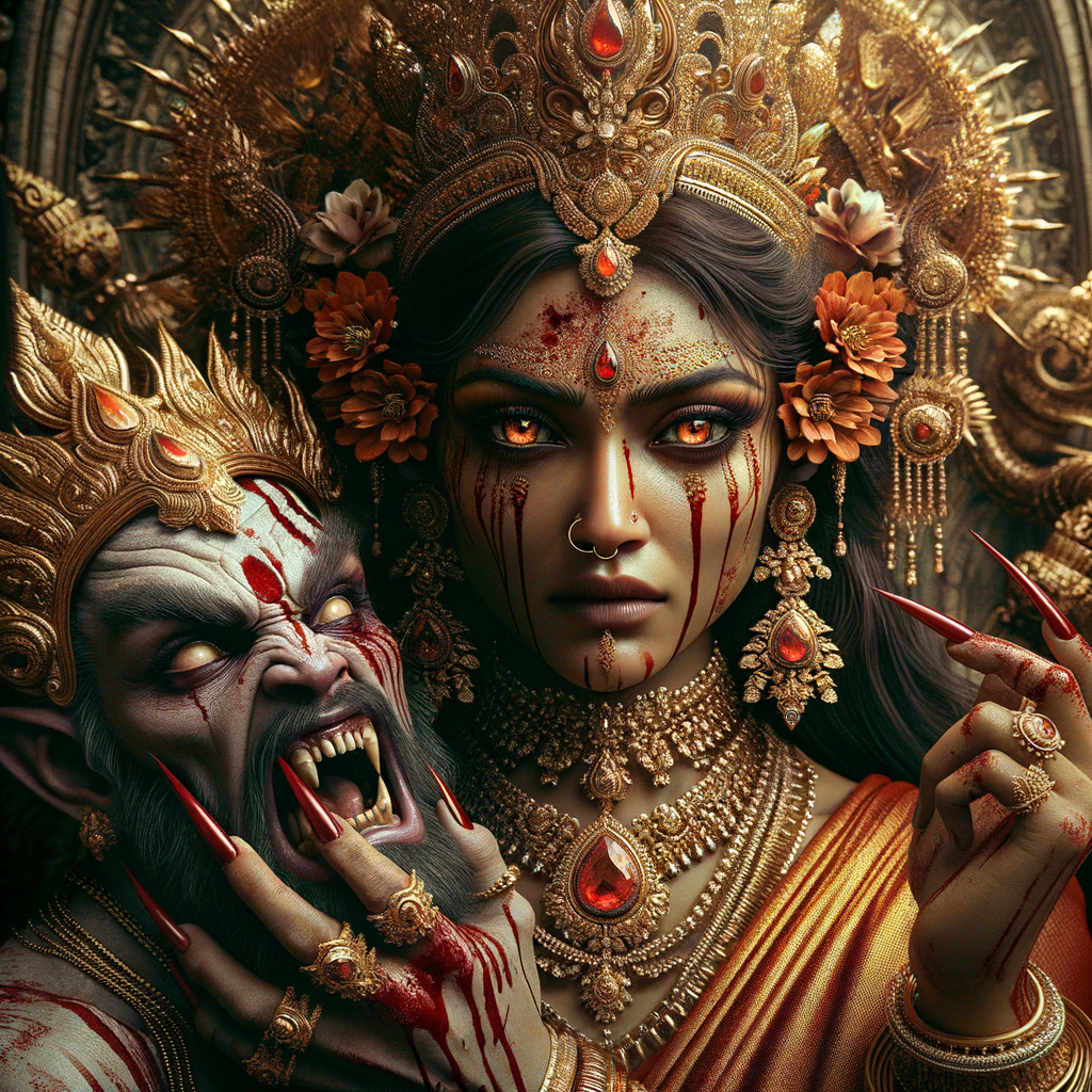 portrait of angry looking goddess durga  carrying a weak mahishasur in her arms and poking him with her amazingly long red fingernails. She is wearing a huge gold crown, red saree, abundant  gold jewelry, covered in blood. The scene is set in ancient India. The image is 8K resolution, cinematic, ultra detailed face and epic.