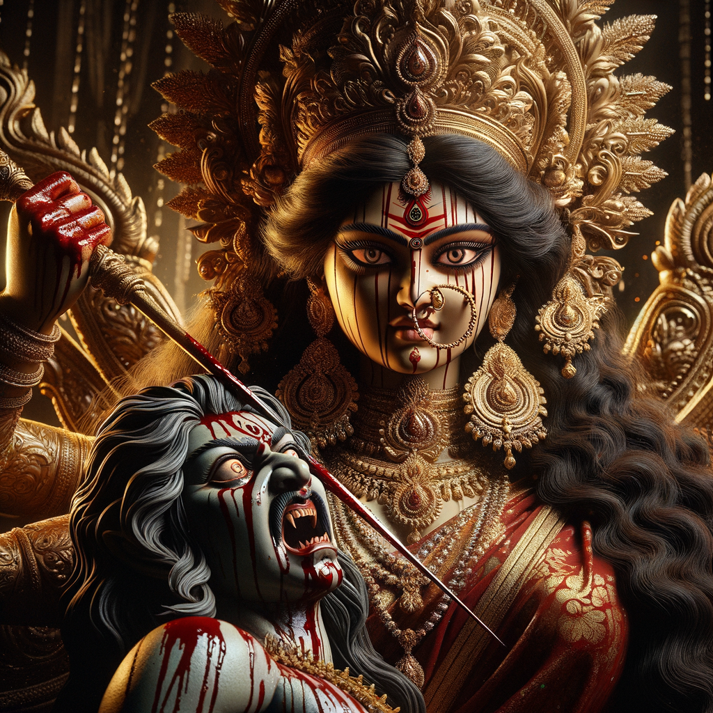 portrait of angry looking goddess durga  carrying a weak mahishasur in her arms and stabbing him with her amazingly designed trident. She is wearing a huge gold crown, red saree, abundant  gold jewelry, covered in blood. The scene is set in ancient India. The image is 8K resolution, cinematic, ultra detailed face and epic.