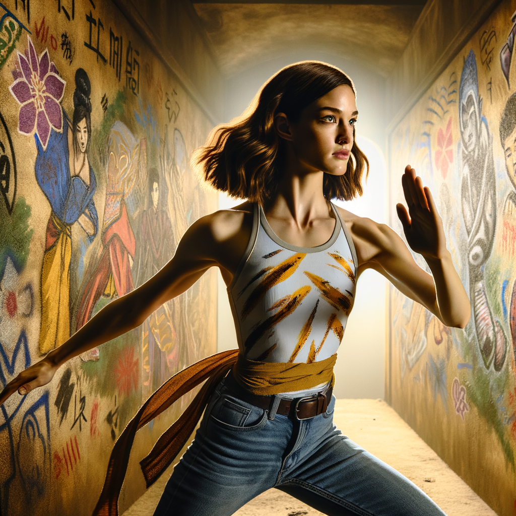 Athletic Thin skinny Attractive,    very thin and skinny Asian teenage girl, long brown hair and bangs, wearing tight skinny jeans and a halter top paint marks on her clothing, heroic pose Asian graffiti background, side view