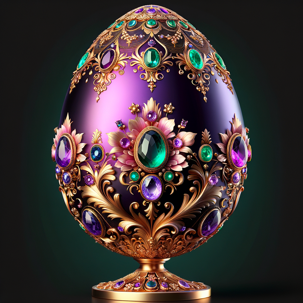 Create an image of an exquisite egg-shaped object, oriented to face the viewer head-on. The design should feature a deep purple base adorned with opulent gold filigree, floral patterns, and encrusted with various jewels such as emeralds, sapphires, and a prominent amethyst. The egg stands regally on a gold pedestal, gleaming with reflective elegance. Its intricate details and rich colors should convey a sense of luxury and royal splendor.