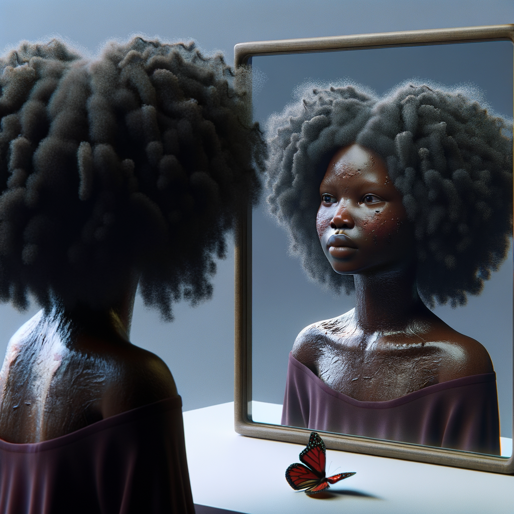 Create a 3-D realistic beautiful African-American  women with thick curly black hair
Looking at herself in the mirror, but the reflection she sees is a child, and she is no longer beautiful. She is ugly with scars. There is a fallen butterfly.