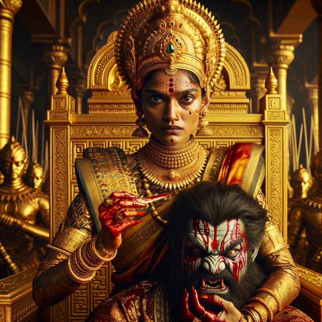 portrait of angry looking indian goddess sitting on a gold crown and carrying a weak mahishasur on her lap and poking him with her amazingly long red fingernails. She is wearing gold armor, a huge gold crown, gold saree, abundant  gold jewelry, covered in blood. The scene is set in ancient India. The image is 8K resolution, cinematic, photography, ultra detailed face and epic.