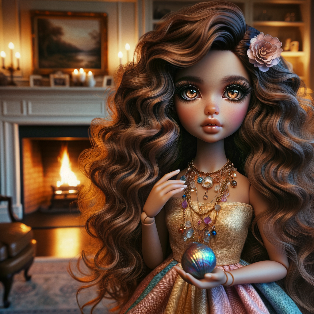 Create an image of a stylized, Latino doll-like girl seated in a cozy living room with a warm fireplace. She has voluminous, wavy hair cascading over her shoulders, tinted with shades of chestnut and mocha. Her large, expressive eyes are a deep brown, fringed with long, fluttery lashes. A delicate pink flower tucks behind one ear, complementing her youthful glow. She wears a gold, pink, and blue body on dress with soft, flowing fabric that drapes elegantly over her small frame. Around her neck is a dainty necklace adorned with beads and a gentle sprinkle of gemstones reflecting subtle light. In her hand, she holds a pearly seashell as a charming accessory. Behind her, the living room is inviting, with plush furnishings, a mantelpiece adorned with family photos and trinkets, and a crackling fireplace that casts a comforting glow and dancing shadows around the room, enhancing the ambiance of a serene home setting